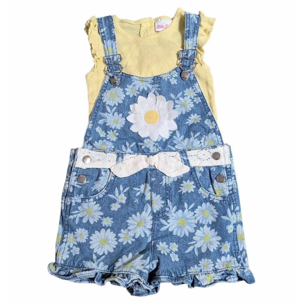 Little Lass daisy floral denim overall shorts yellow ruffle tee set outfit 6